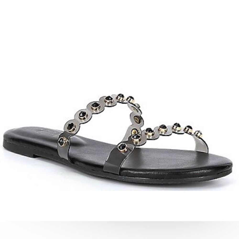 NWT Deltan Vinyl Black Rhinestones Embellished Banded Slides Sandals Size: 10